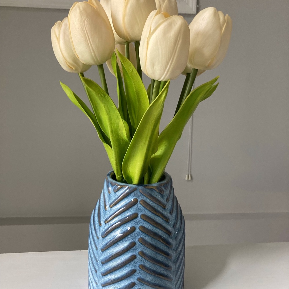 Decorative Blue Ceramic Vase with Cream Tulips - Home Accents